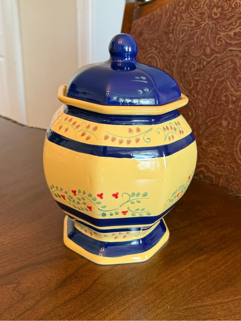 Vtg. LTD Commodities Hand-Painted Yellow with Blue Banding Biscotti / Cookie Jar